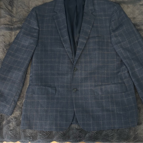 Joseph & Feiss Gold Wool 2 Button Blazer Navy Blue Plaid Pattern XL 44 R - Picture 9 of 14